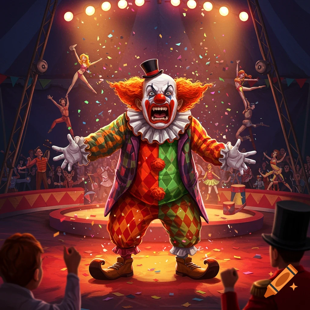 Terrifying, screaming clown in a colorful circus tent with confetti, surrounded by acrobats and an audience, in an illustrative style.