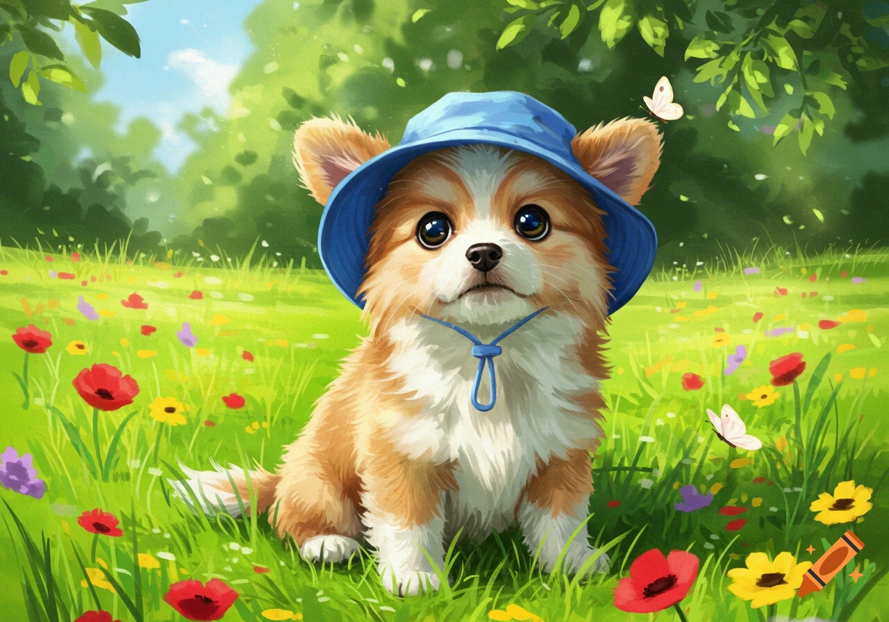 A cute, fluffy corgi puppy wearing a blue bucket hat sits in a vibrant green field among colorful wildflowers and butterflies.