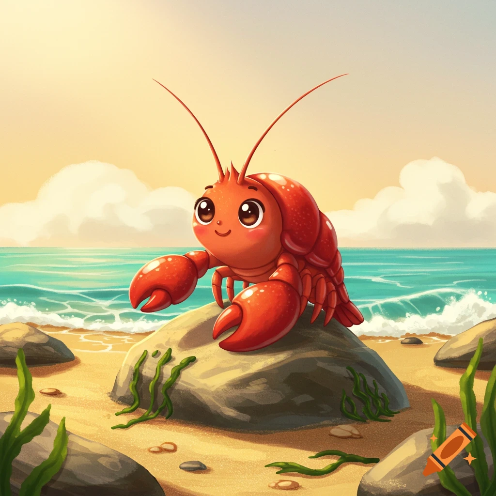A cute, smiling cartoon lobster with big eyes sits on a rock at a sandy beach with blue ocean waves and a sunny sky.