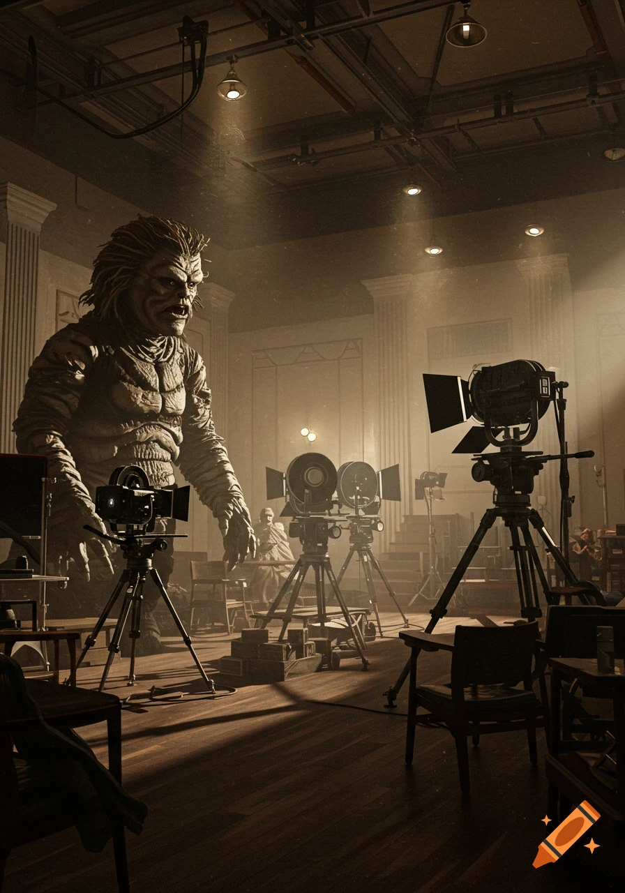 A large, menacing monster in a costume stands on a 1930s movie studio set with film cameras and stage lights. Dark, dramatic lighting.