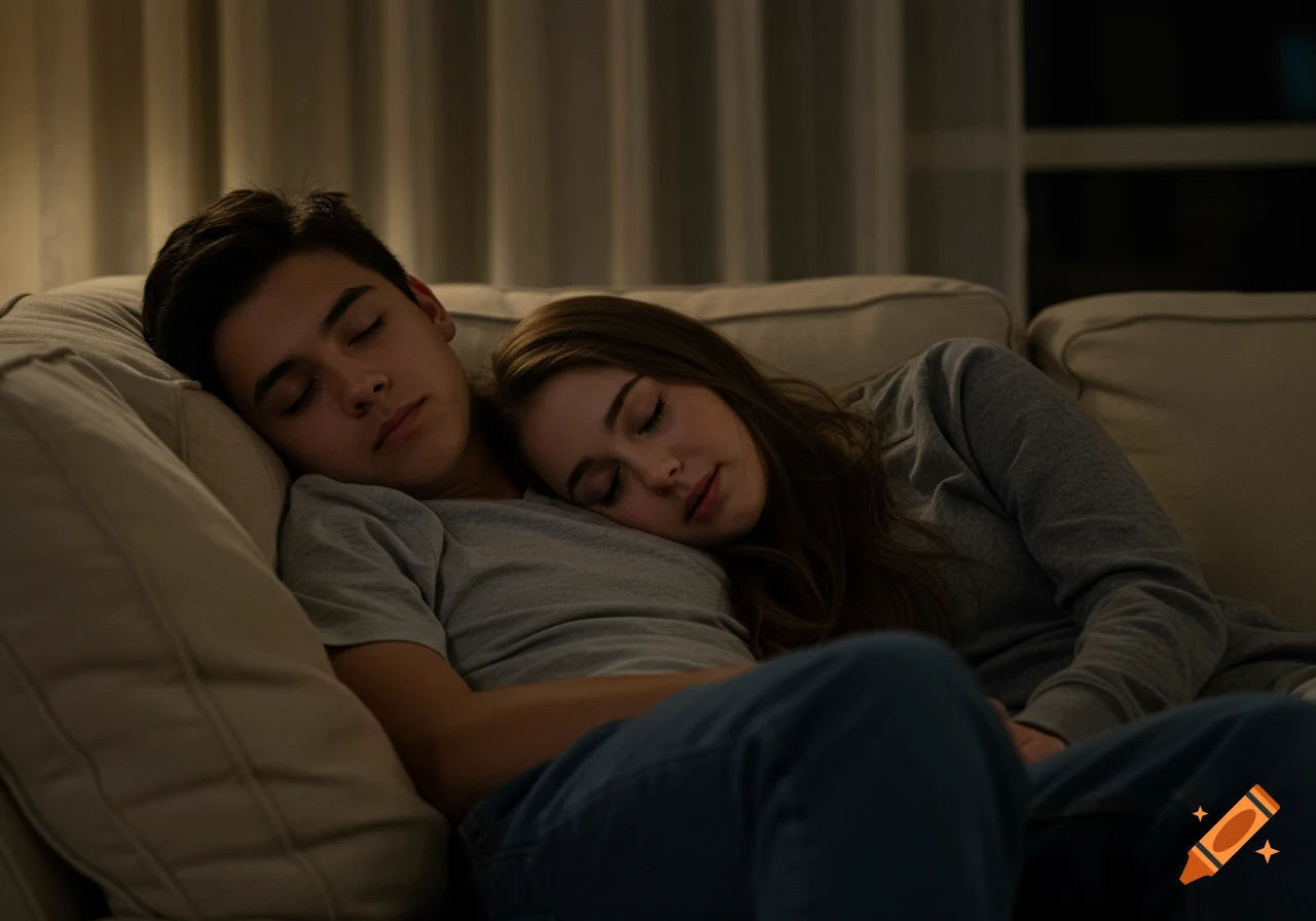A photorealistic image of a teenage boy and girl sleeping soundly on a beige couch in a dimly lit room.