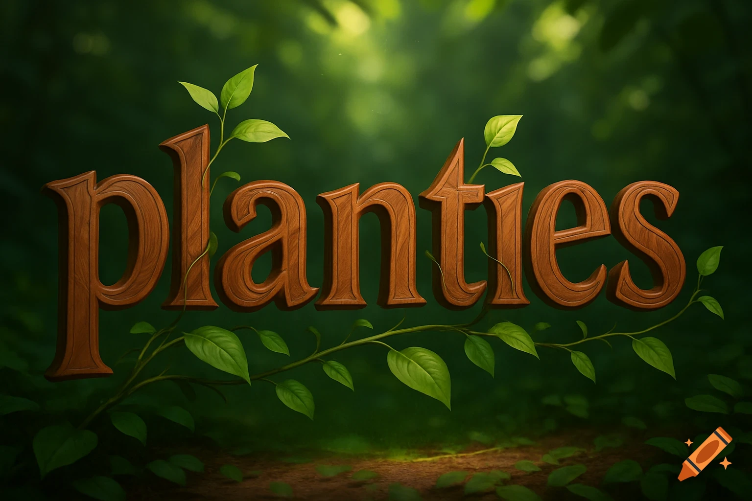 The word 'planties' rendered in textured wood with green leaves and vines, against a blurred forest background.