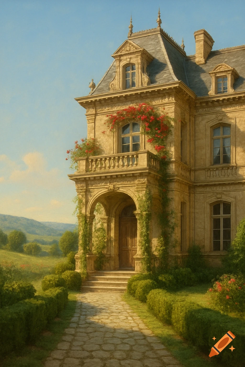 Grand classical stone mansion with red flowers and green vines, a stone path, manicured hedges, and rolling green hills under a blue sky.