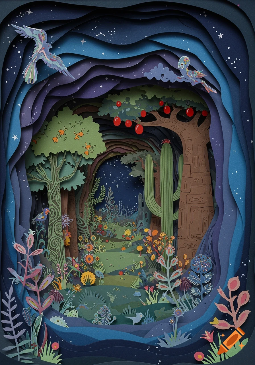 Layered paper-cut art of a surreal forest at night, with birds, fruit trees, cacti, and flowering plants under a starry sky.