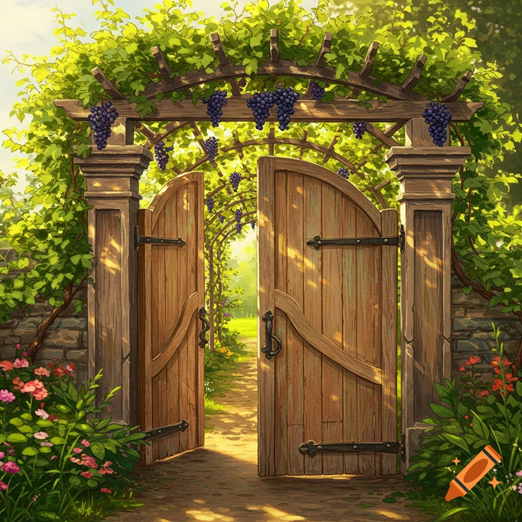 An open wooden gate under a pergola covered in lush green grapevines with bunches of purple grapes, leading to a sunlit garden path.