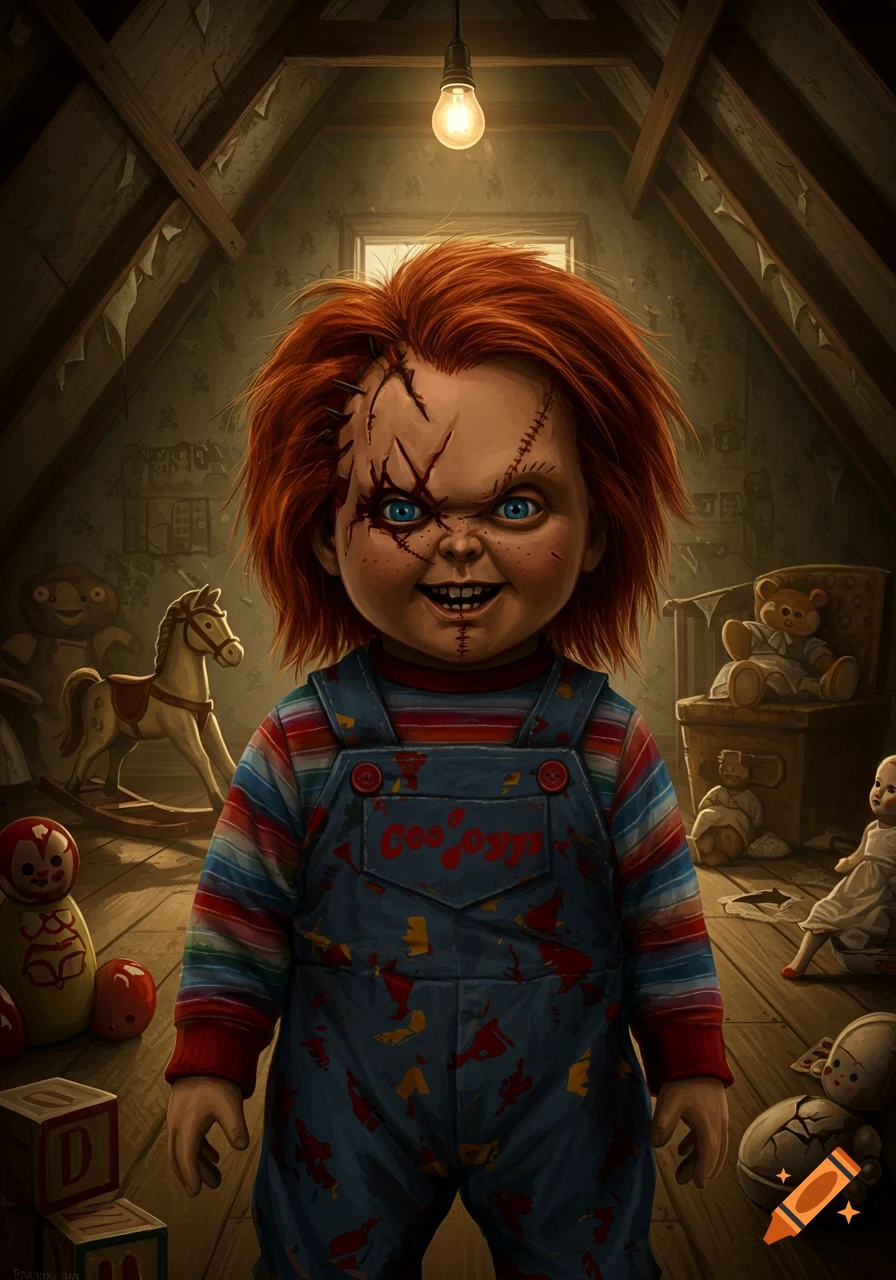 A sinister Chucky doll with red hair, scarred face, and a menacing grin stands in a dusty attic among old toys under a single bare lightbulb.