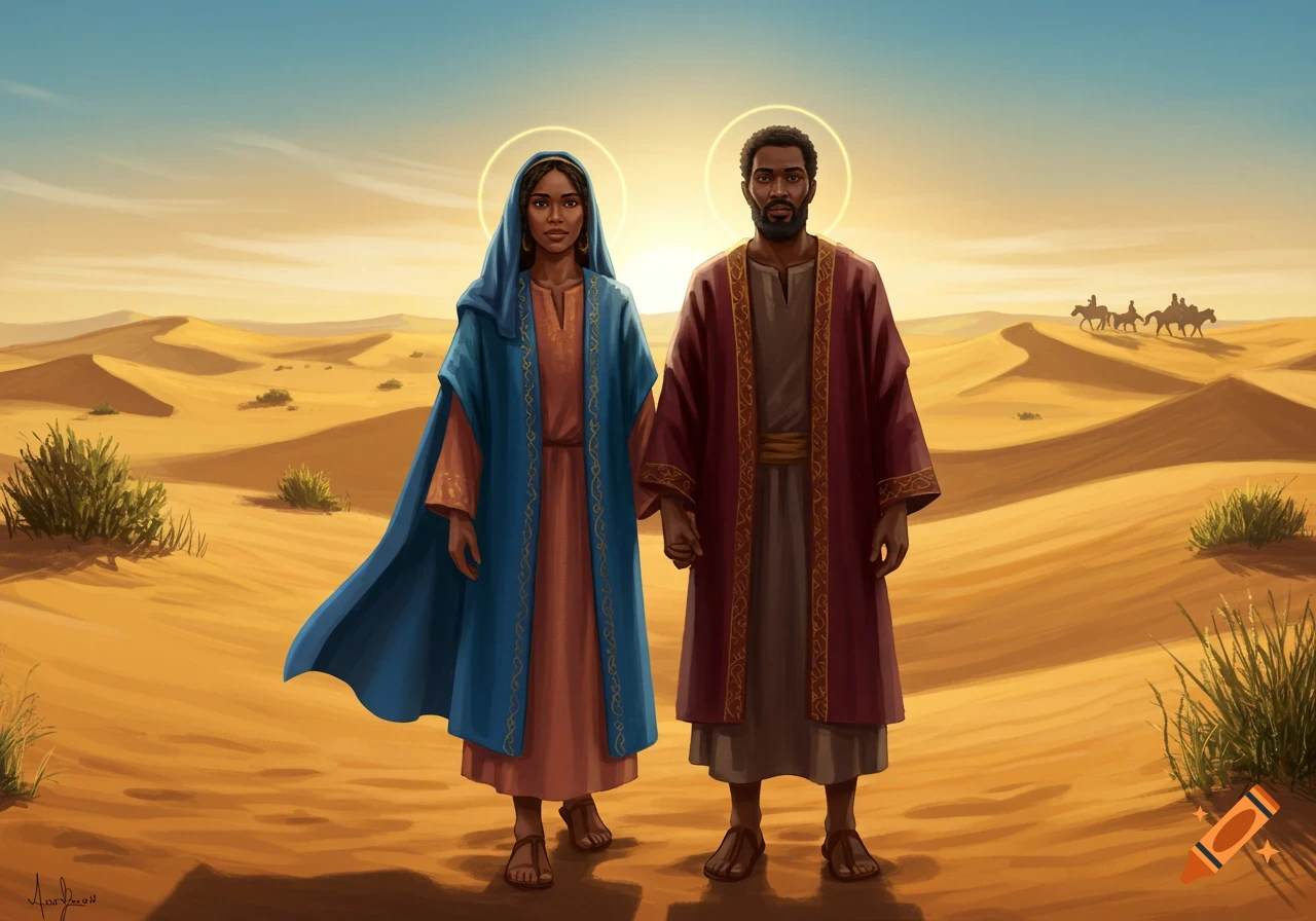 A Black man and woman with halos holding hands in a desert landscape with distant camels.