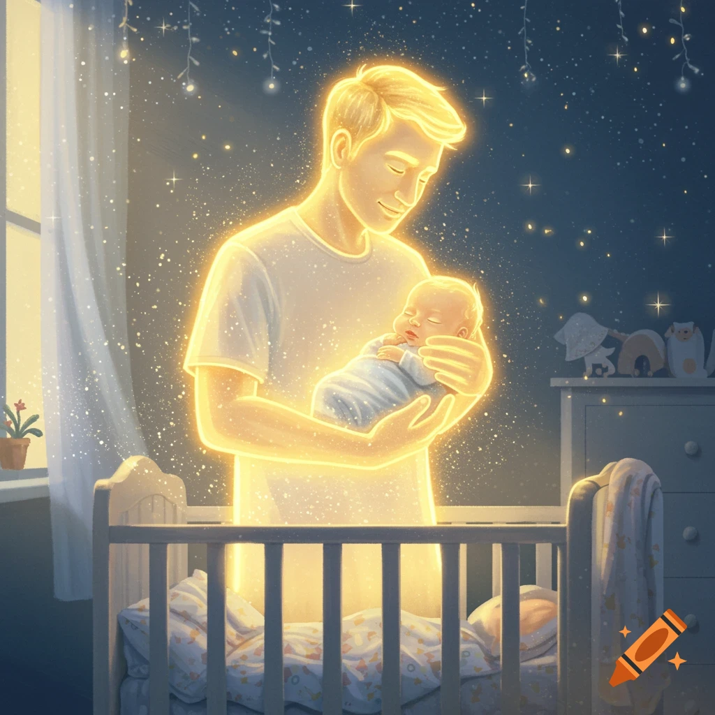 A glowing father tenderly holds his sleeping newborn son in a serene nursery, with a crib in the foreground and a starry night sky.