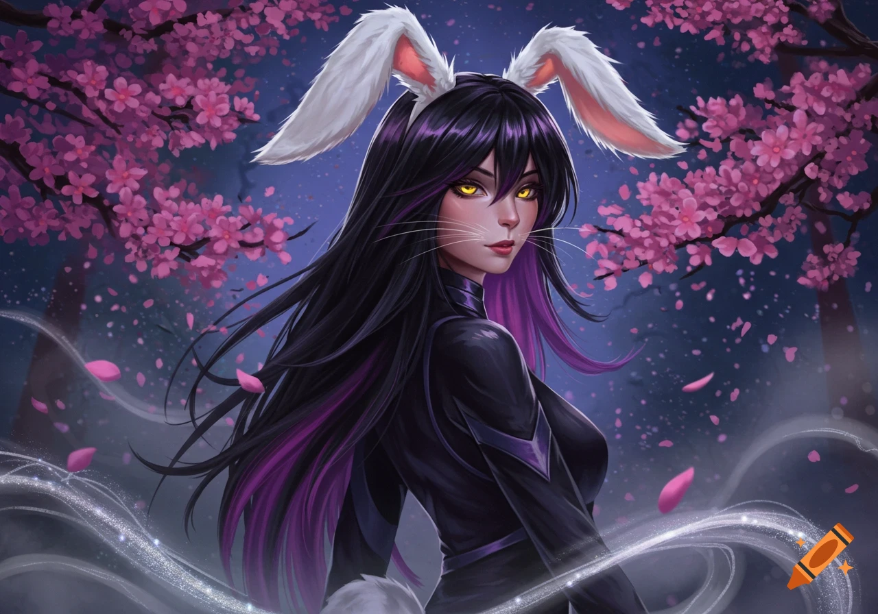 An anime-style character with long black and purple hair, white bunny ears, yellow eyes, and whiskers, set against a dark background with pink cherry blossoms and glowing particles.