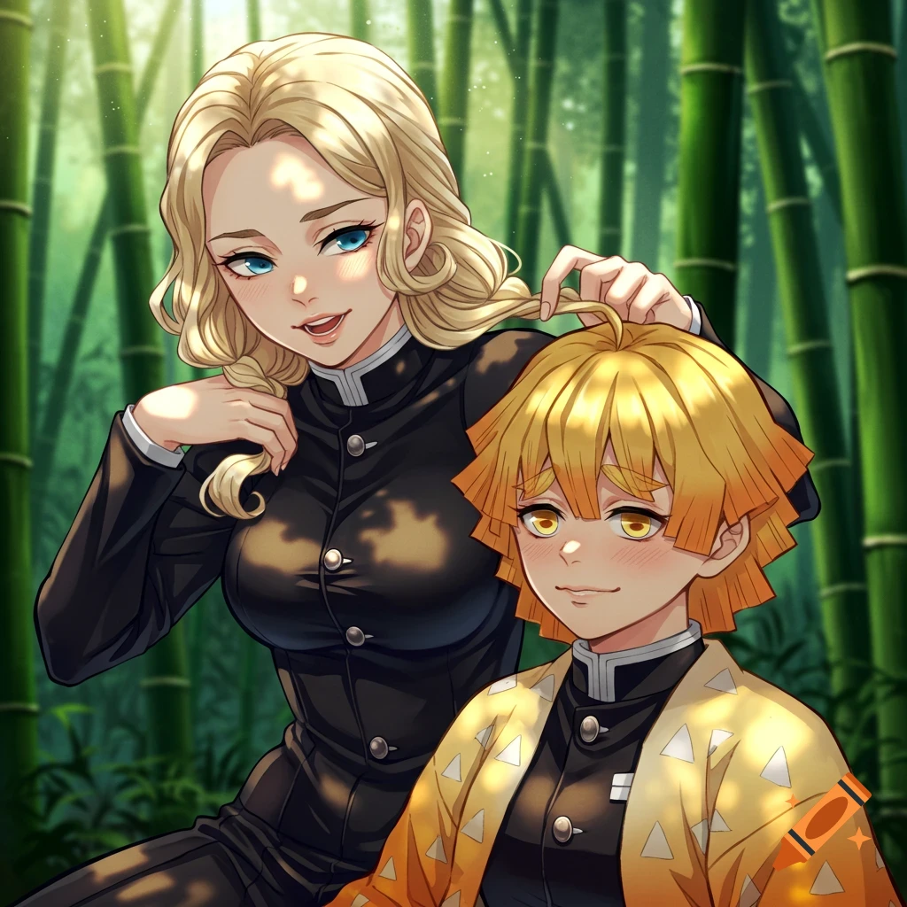 An anime woman with blonde hair and blue eyes in a black uniform plays with the blonde, spiky hair of Zenitsu Agatsuma in a bamboo forest.