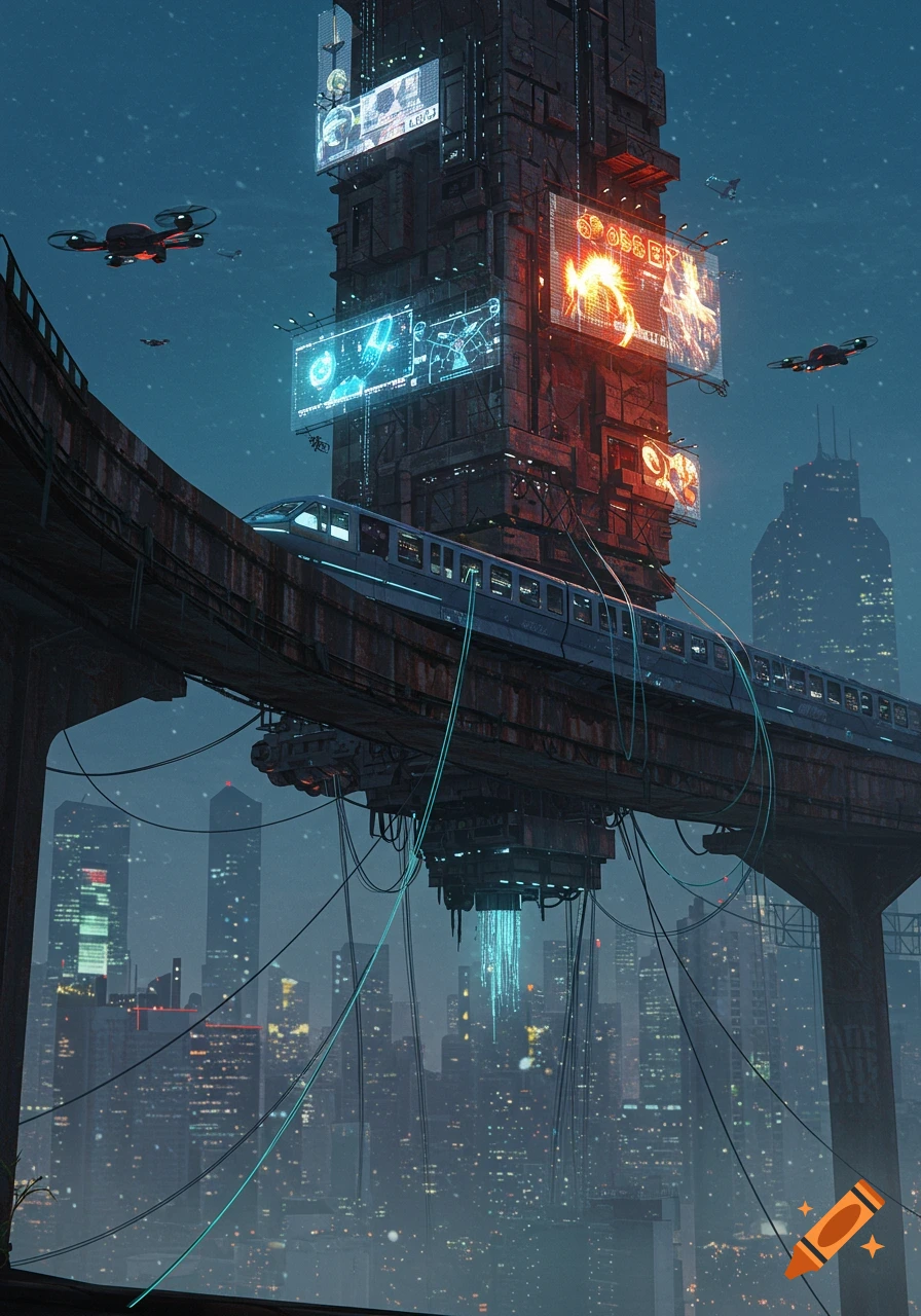 A dark, futuristic cyberpunk city at night with an elevated monorail passing a towering building covered in glowing, abstract billboards, with drones flying in the sky.