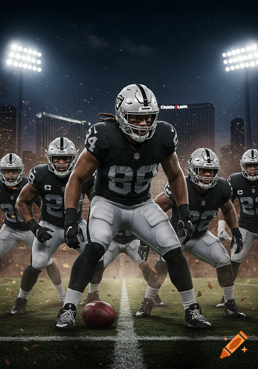 A lineup of five American football players in black and grey Las Vegas Raiders uniforms on a field at night under stadium lights.