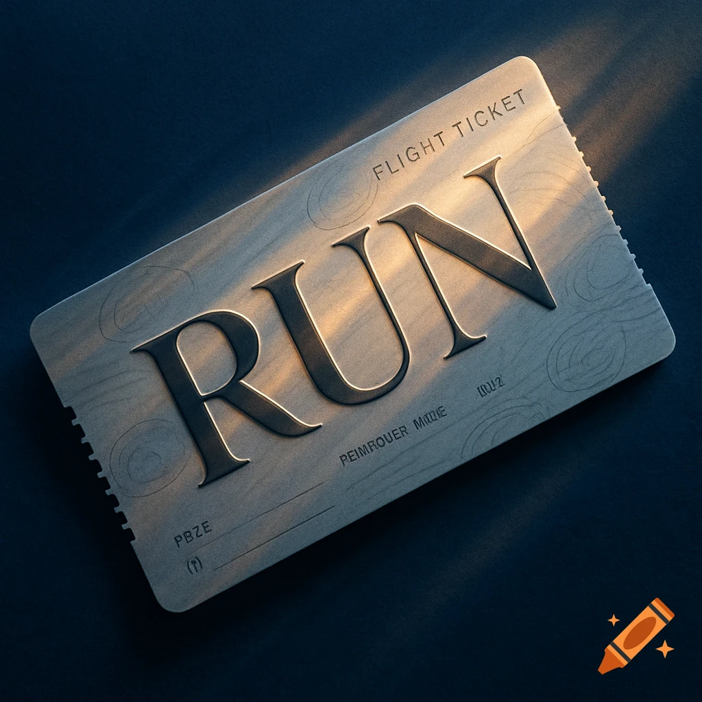 A close-up, top-down view of a textured flight ticket with the word "RUN" embossed in large letters, illuminated by a warm diagonal light source.