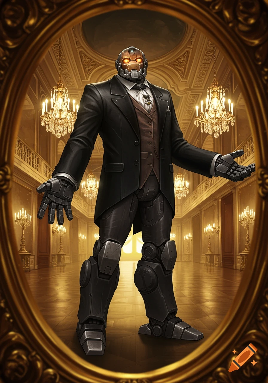 A dapper robot in a black suit stands in an ornate golden ballroom with chandeliers.