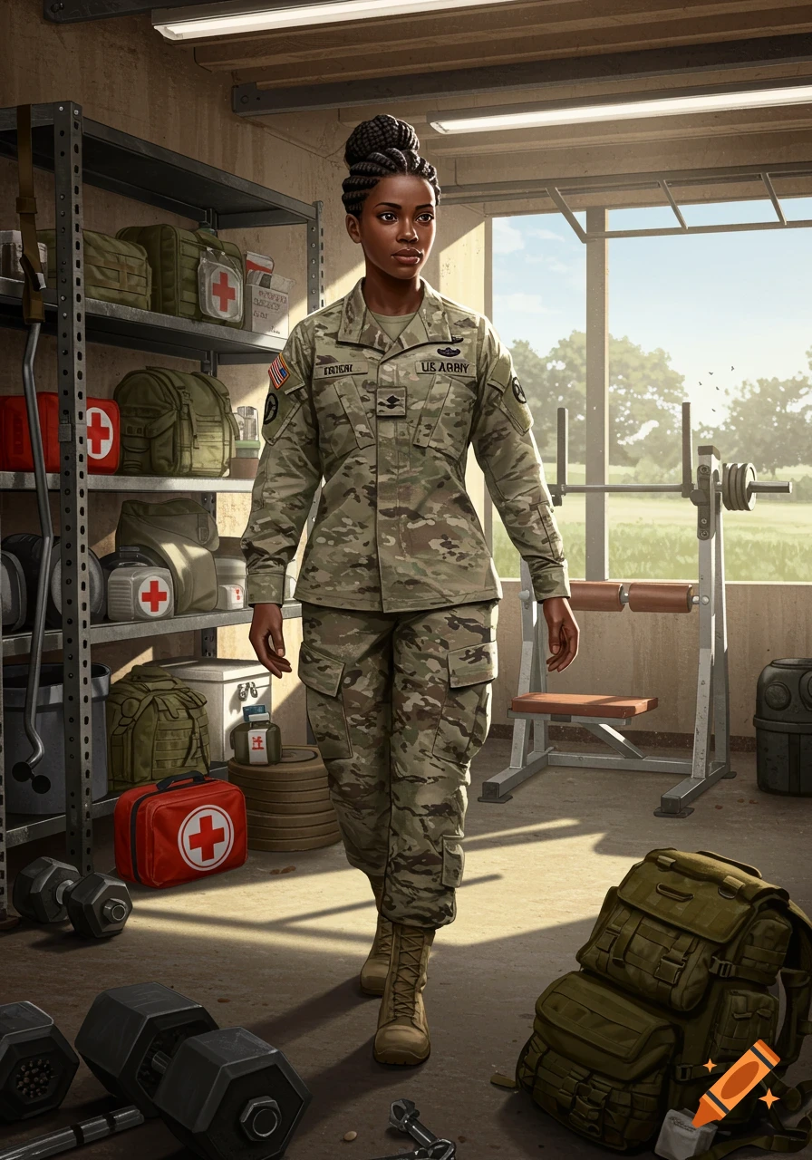 Illustrative portrait of a Black female US Army Sergeant in uniform, with braided hair, in a room with gym and military equipment.