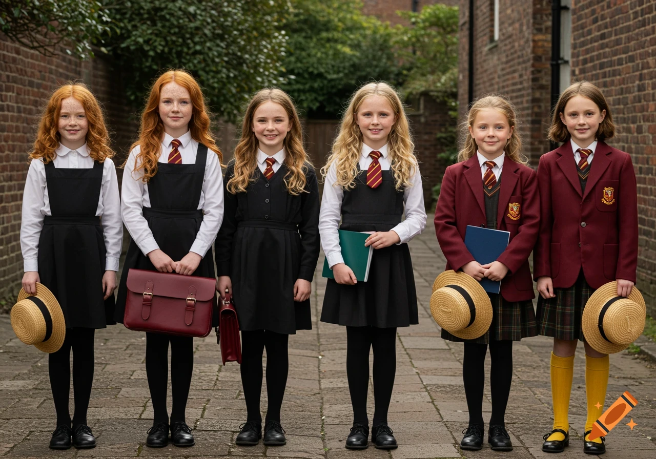 Six smiling schoolgirls in varied uniforms, some with pinafores and ties, others with blazers and plaid skirts, holding straw hats and books on a brick-lined street.