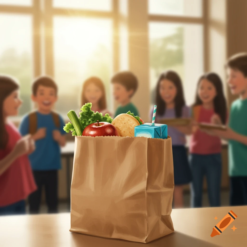 A brown paper lunch bag filled with an apple, sandwich, vegetables, and a juice box on a table, with blurred children in a bright classroom background.