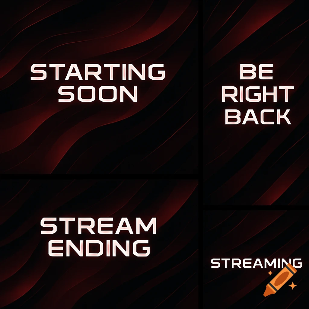 Four dark red and black stream overlays with wavy patterns. They read "STARTING SOON," "BE RIGHT BACK," "STREAM ENDING," and "STREAMING."