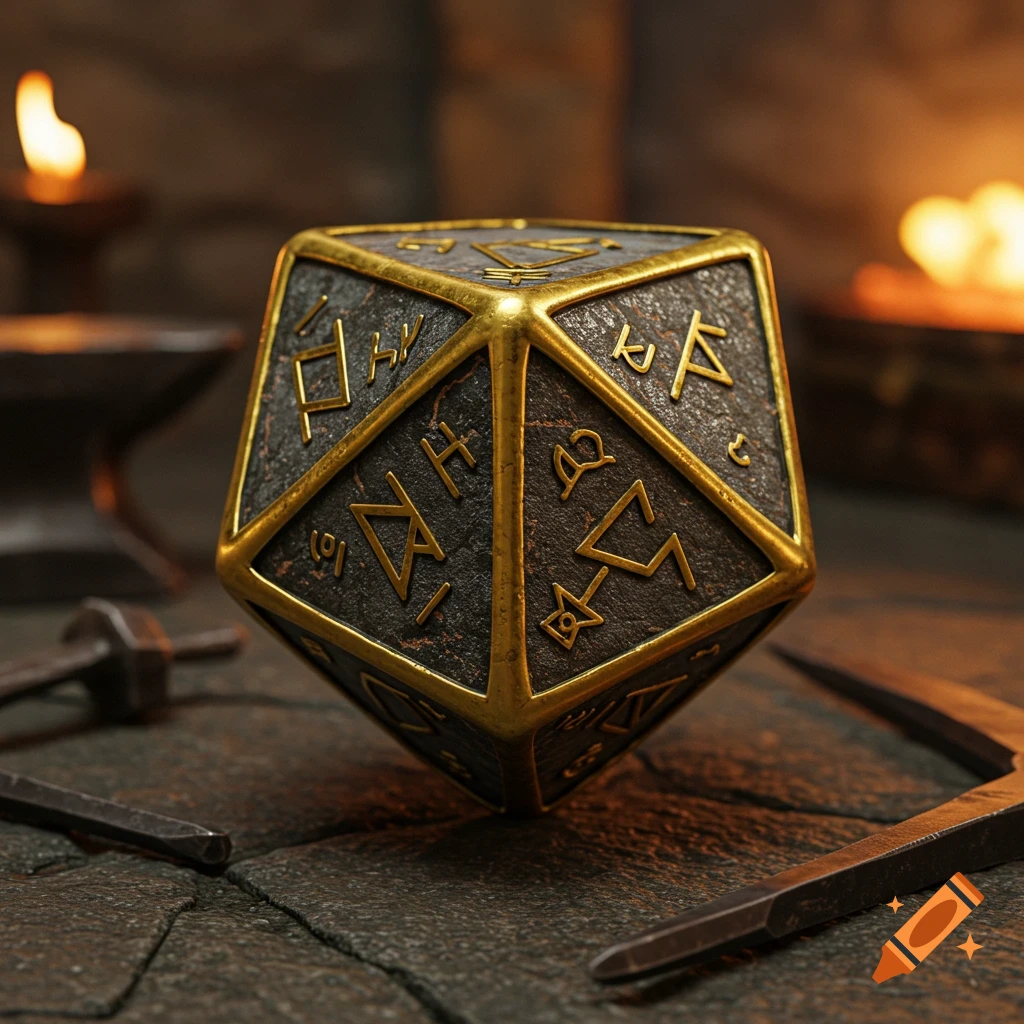 A weathered dark gray d20 dwarven dice with gold trim and gold runes, on stone with tools and blurred fire.