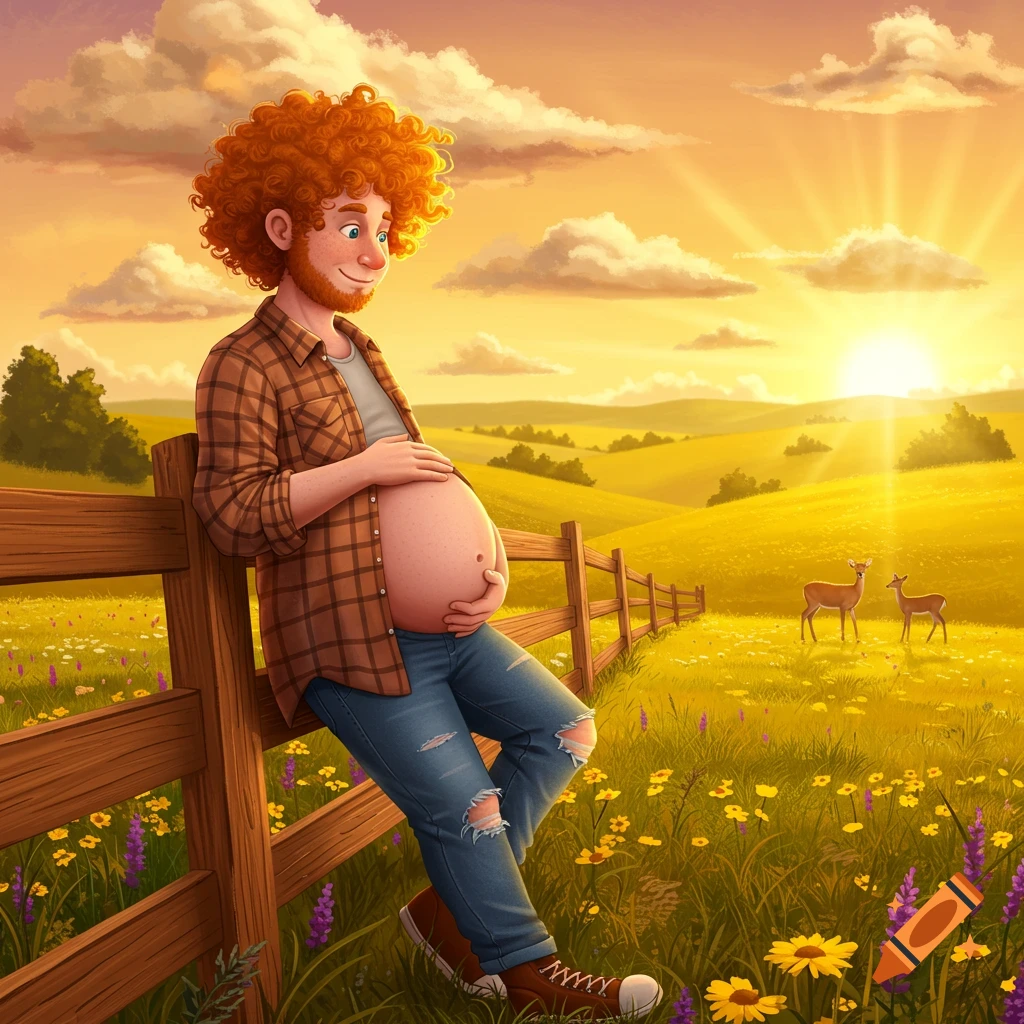 Whimsical illustration of a pregnant ginger man leaning on a fence in a golden field at sunset, with deer and wildflowers.