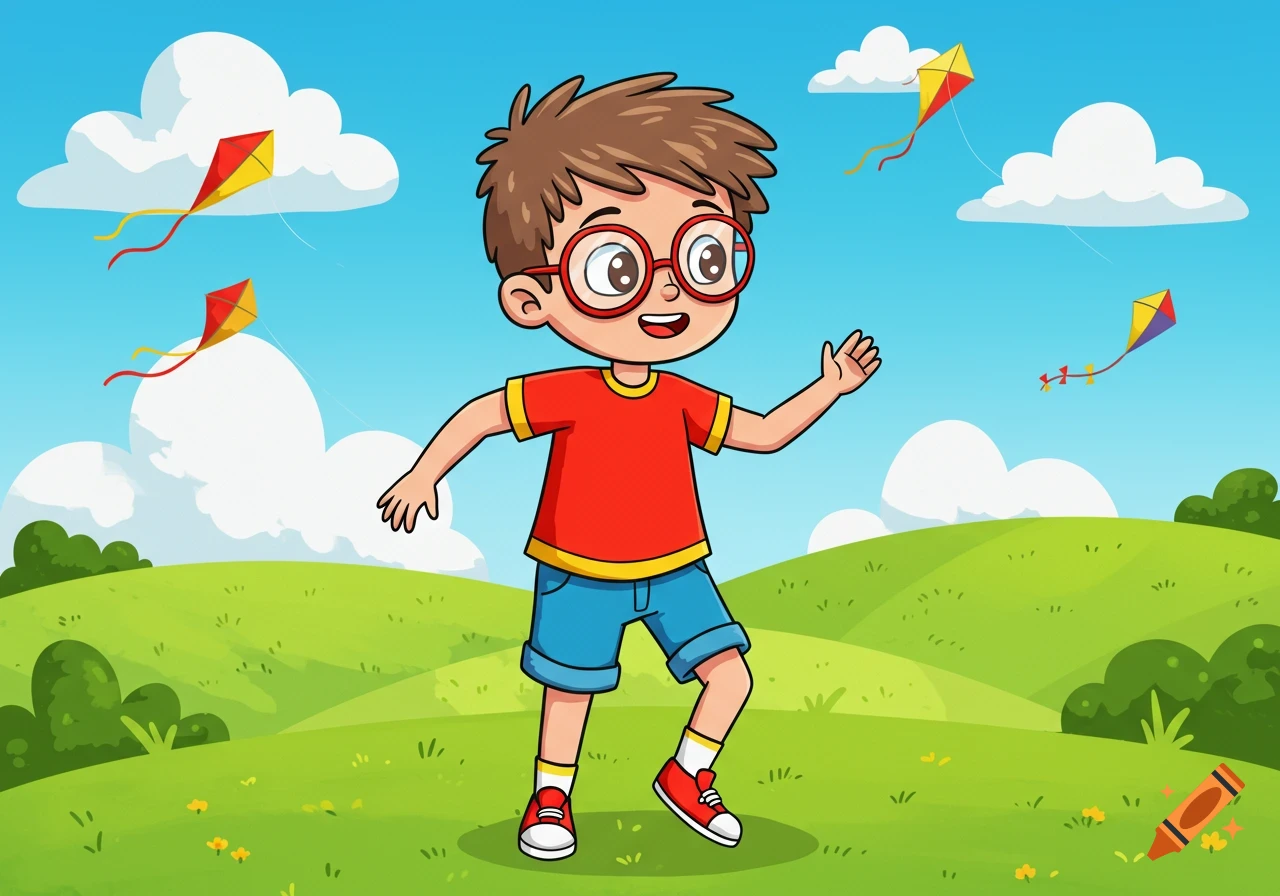A cartoon boy with glasses in a red shirt and blue shorts, running in a green field with kites flying in the blue sky.