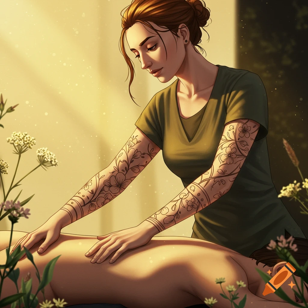Illustrated massage therapist with flower tattoos giving a back massage to a client, surrounded by nature and soft light.