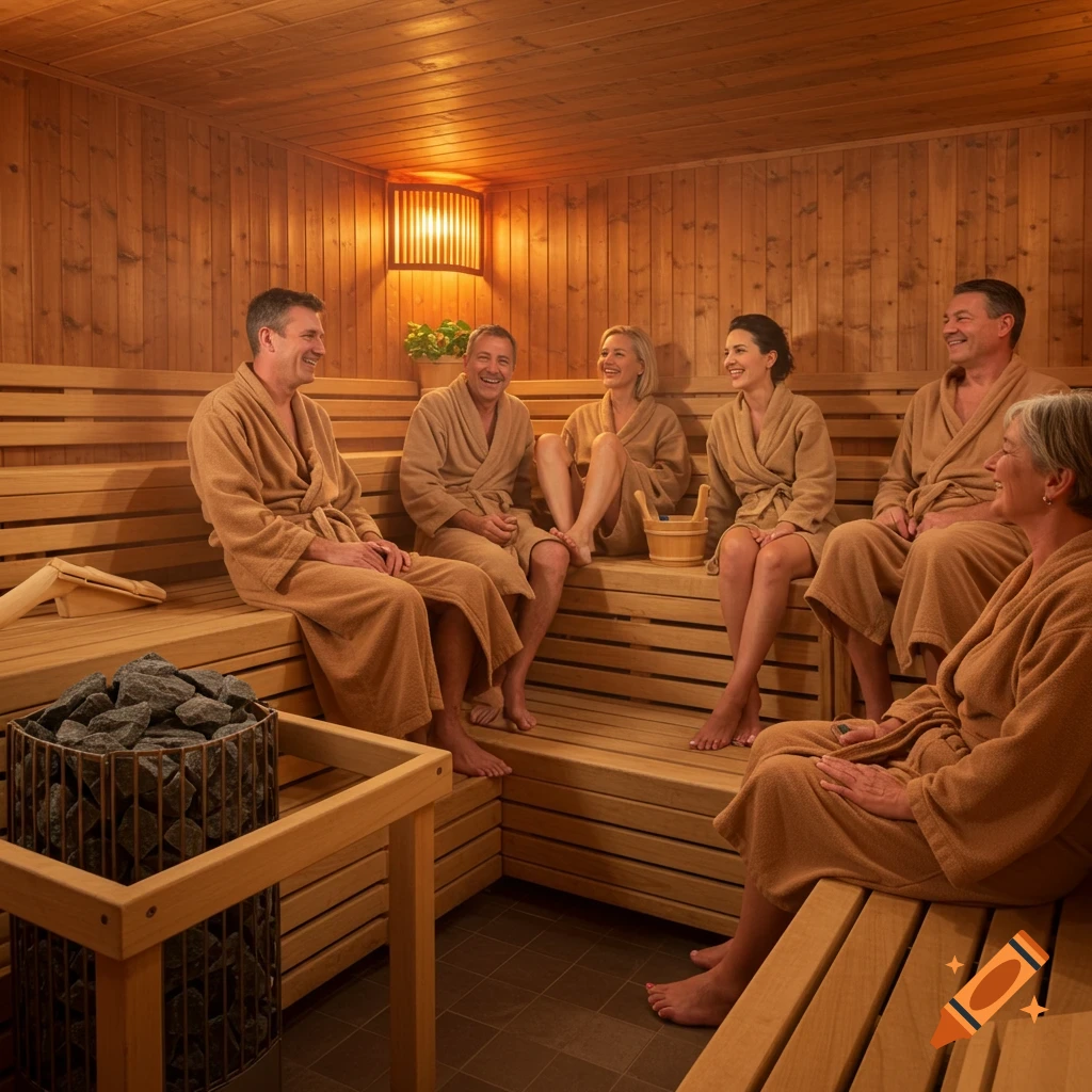 Six adults in bathrobes relaxing and smiling in a wooden sauna room with a stone heater.