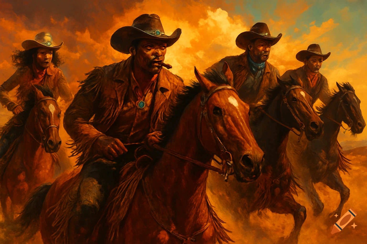 Painterly image of Black cowboys and a cowgirl on horseback, riding against a fiery orange sky. One man smokes a cigar.