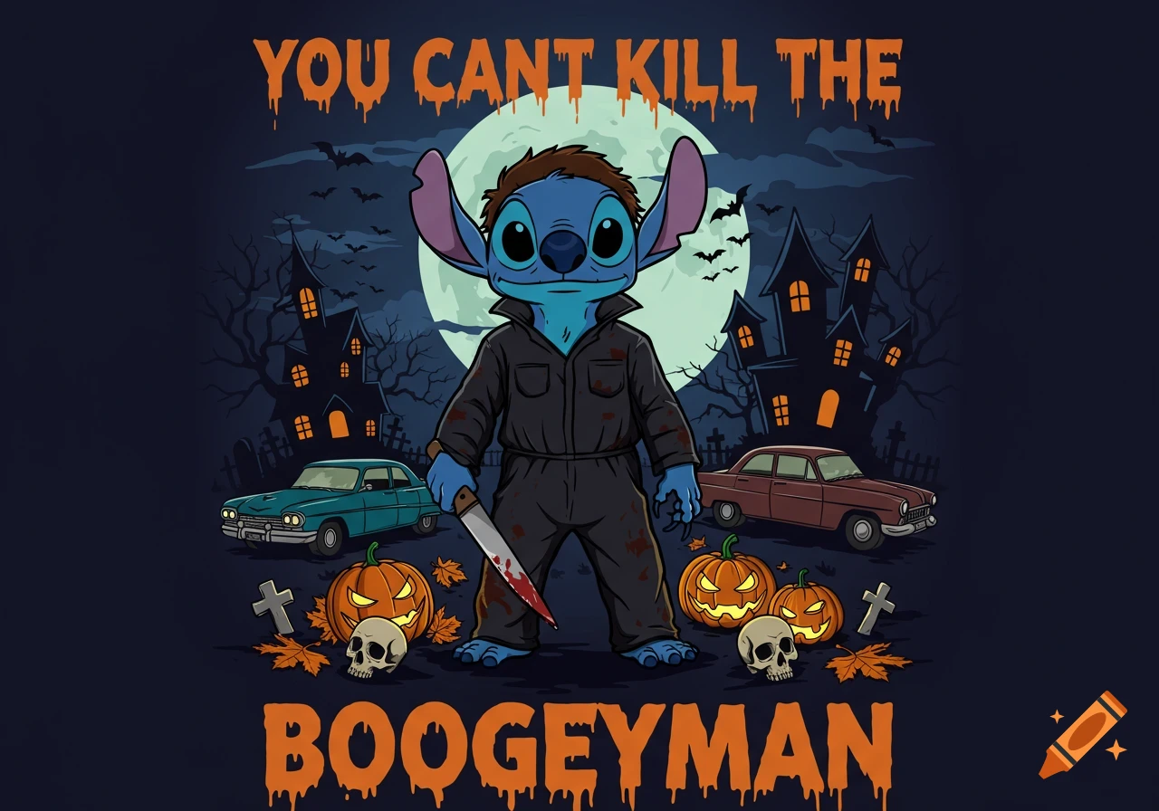 Cartoon blue alien Stitch dressed as Michael Myers holding a bloody knife, standing in front of haunted houses and cars under a full moon with bats. Text reads "YOU CANT KILL THE BOOGEYMAN".