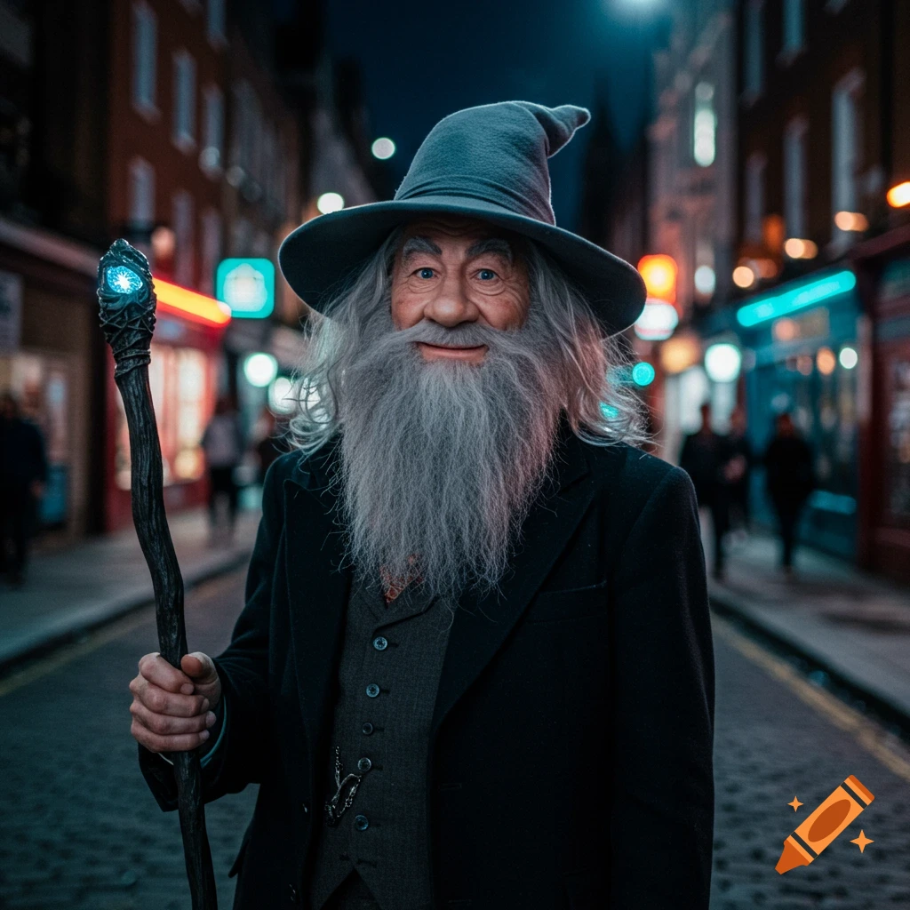 A wizard with a long beard and pointed hat, holding a glowing staff, stands on a cobblestone street at night with blurred city lights.