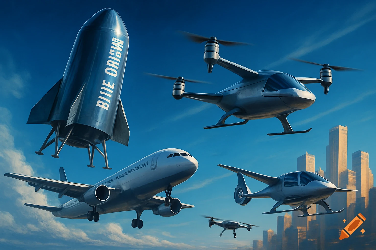 A futuristic sky with a Blue Origin rocket, commercial airplane, eVTOL aircraft, and a drone flying above city skyscrapers.
