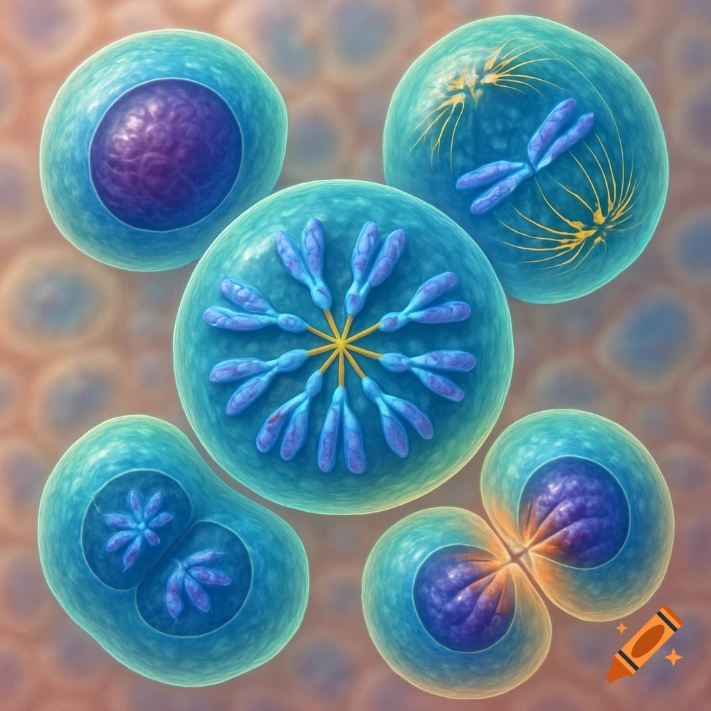 Microscopic illustration of several stages of cell division (mitosis) with turquoise cells and purple chromosomes.