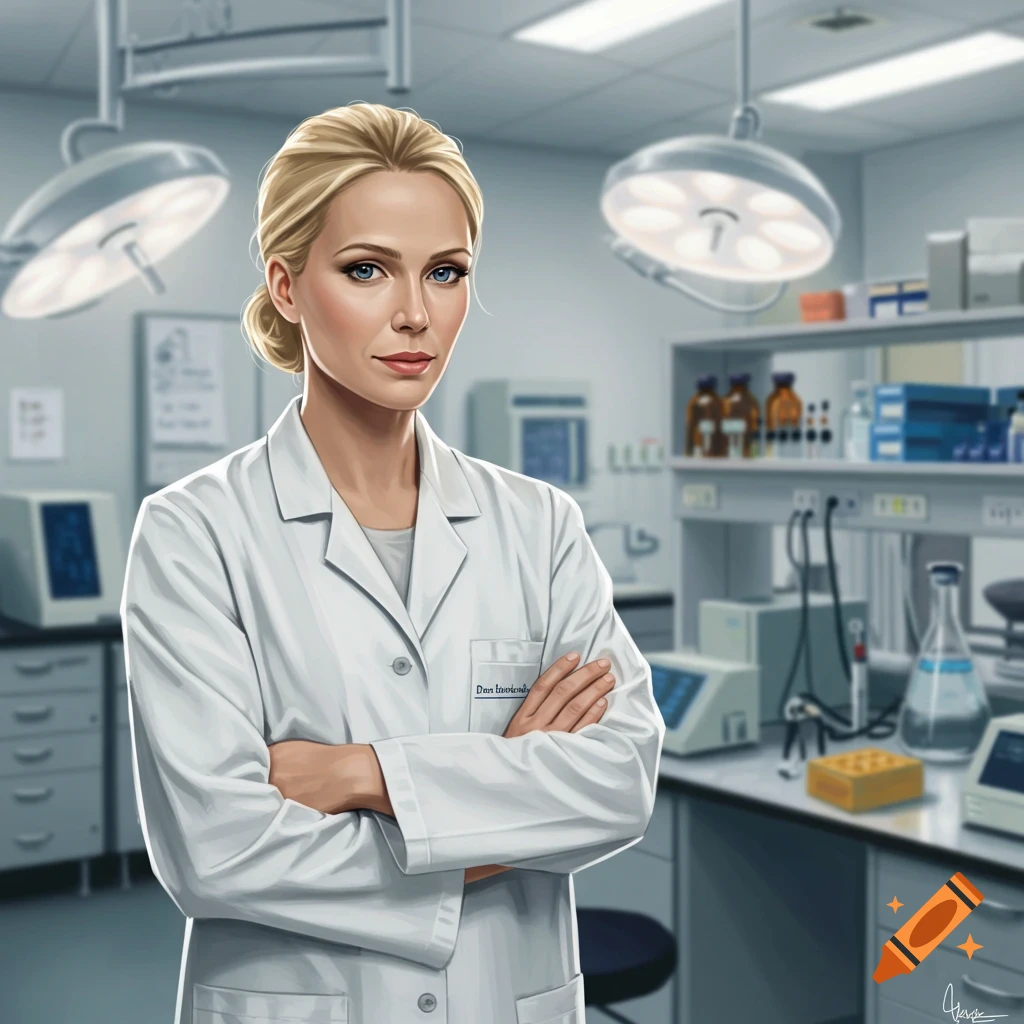 A blonde female doctor in a white lab coat with crossed arms stands in a brightly lit laboratory filled with equipment.