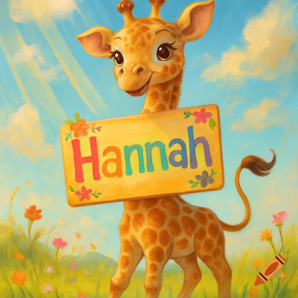 A cute cartoon giraffe holds a yellow sign with 'Hannah' written in colorful letters, standing in a sunny field under a blue sky.