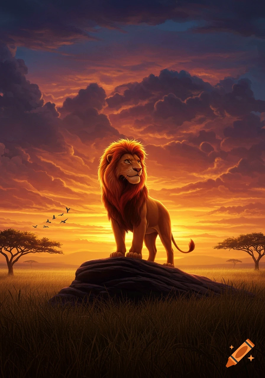 An animated lion with a fiery mane stands majestically on a rock overlooking an African savanna at a vibrant sunset, with birds flying.