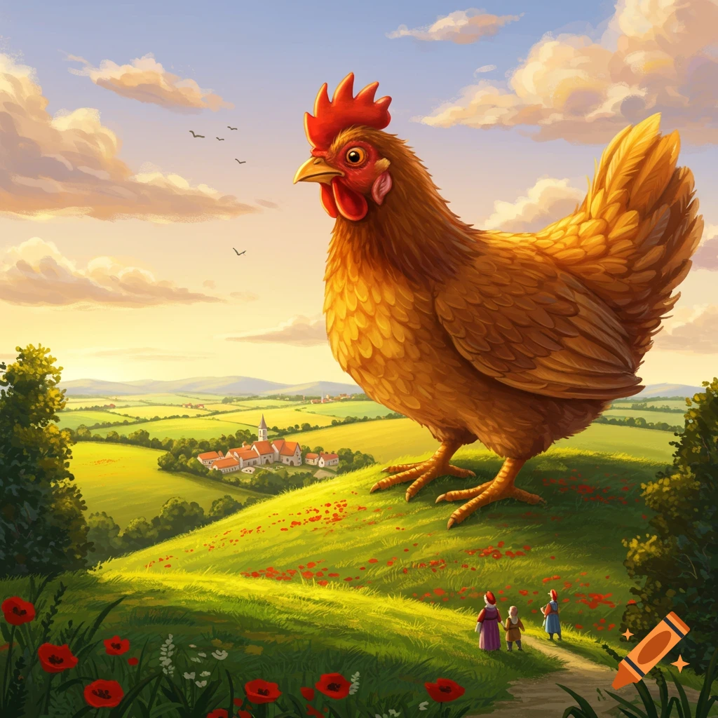 Giant brown chicken stands on a green hillside overlooking a village, with two small people on a path below, in a whimsical, painterly style.