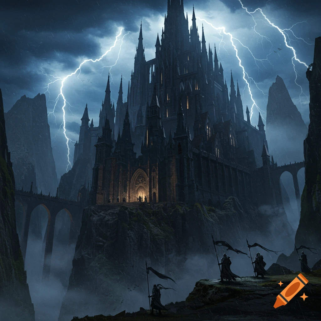 A dark, spired gothic castle on a mountain cliff, illuminated by lightning in a stormy sky, with armored knights holding banners in the foreground.