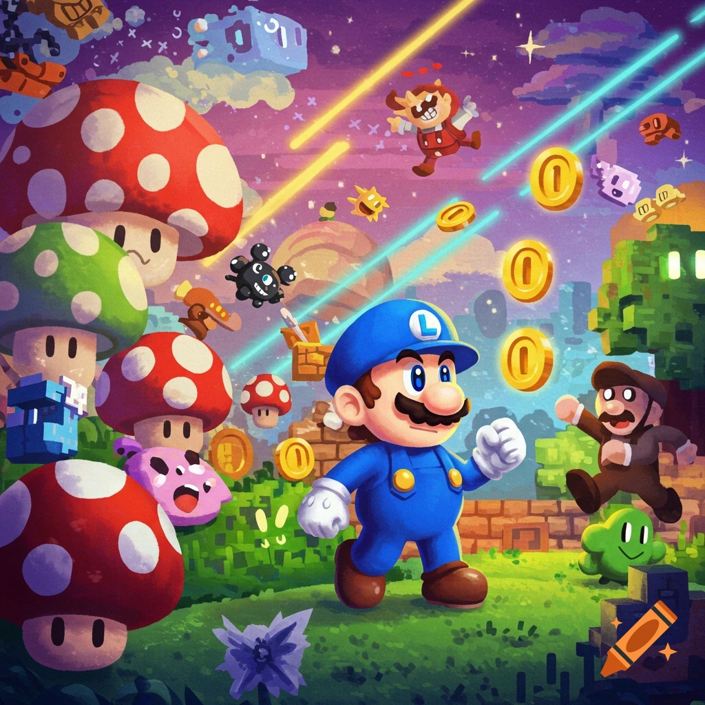 A blue-suited character resembling Luigi with an L hat runs through a vibrant fantasy landscape blending Super Mario and Minecraft elements.