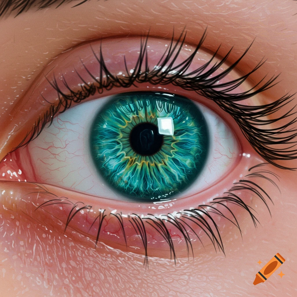 A close-up of a realistic, intensely saturated greenish-blue human eye with intricate iris patterns and long eyelashes.