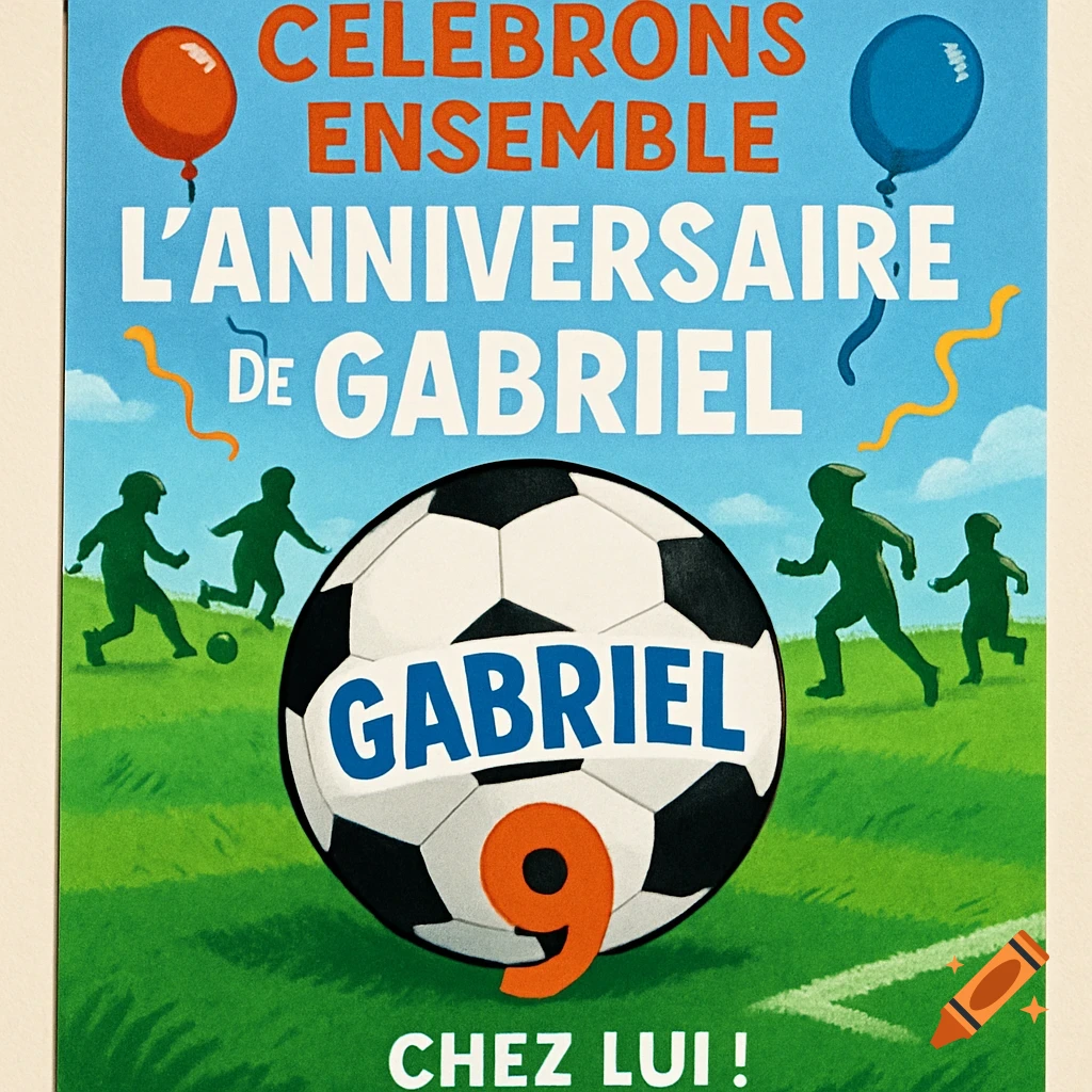 A stylized birthday invitation with a light blue sky and green grass. An orange balloon and a blue balloon float at the top. Silhouettes of children play soccer. A large soccer ball in the center has "GABRIEL" and "9" on it. Text in French reads: "CELEBRONS ENSEMBLE L'ANNIVERSAIRE DE GABRIEL CHEZ LUI !"