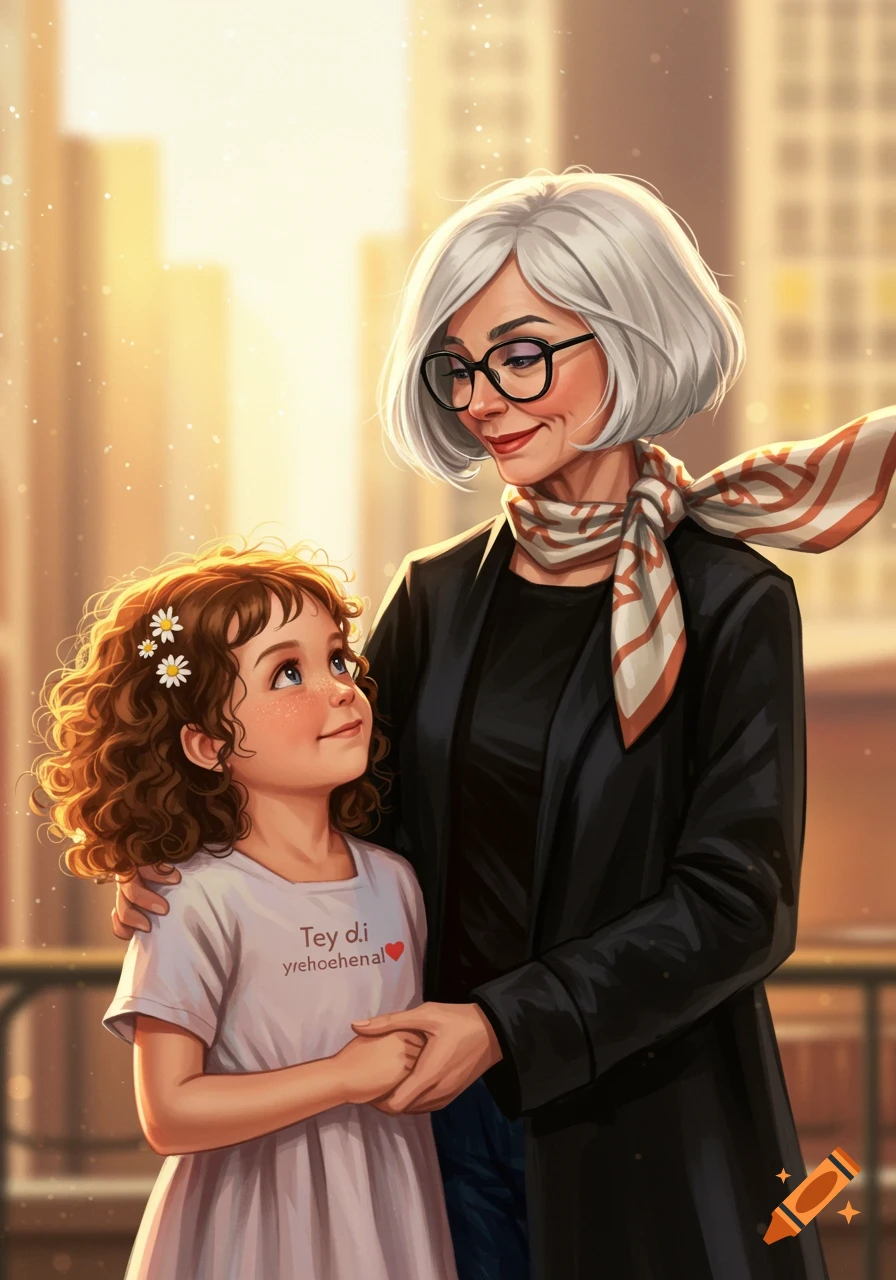 Digital art of a smiling grandmother and a little girl holding hands, looking at each other warmly, with a city background.