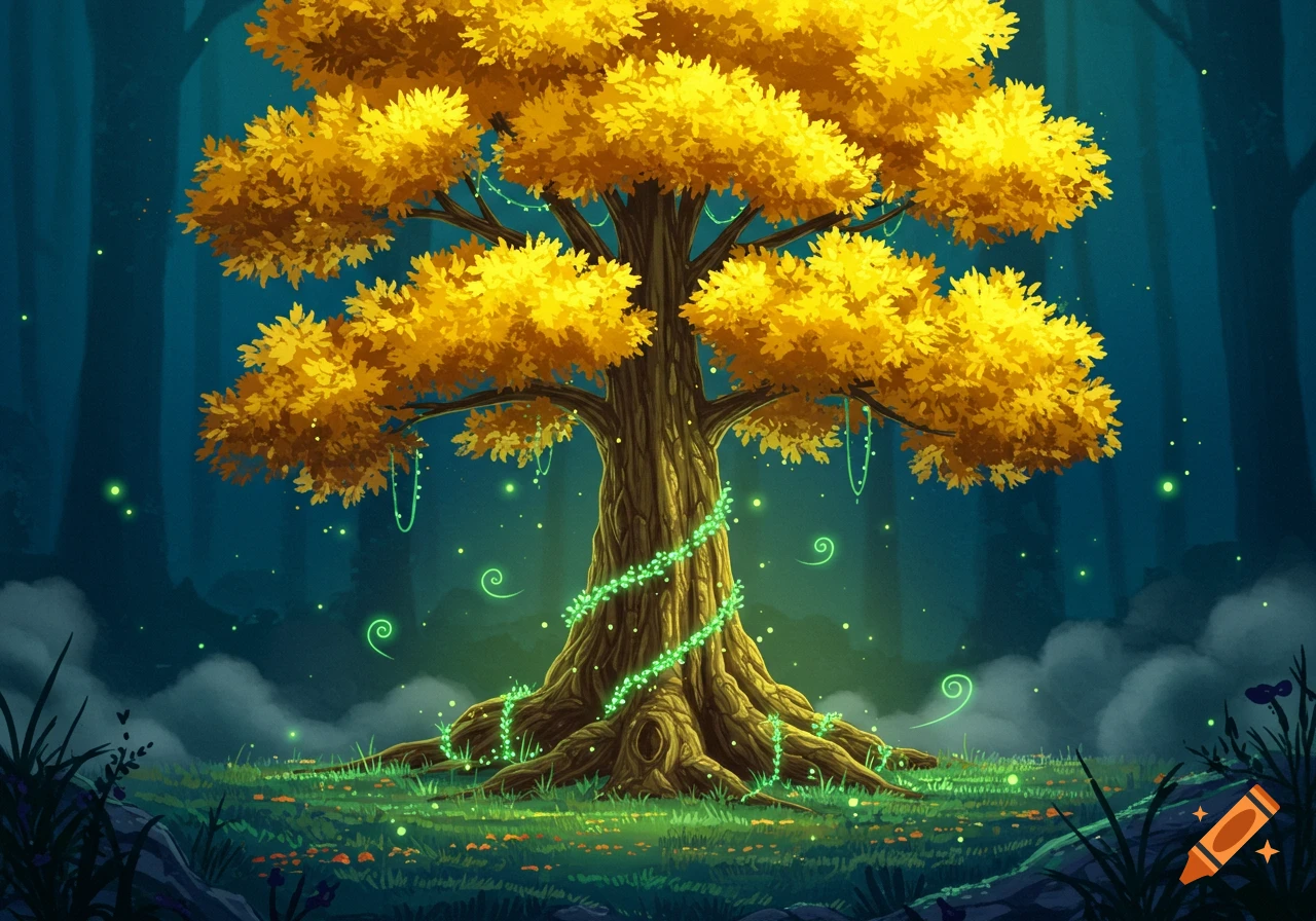 A stylized illustration of a large fantasy tree with bright yellow leaves, glowing green vines, and magical green light particles in a dark forest.