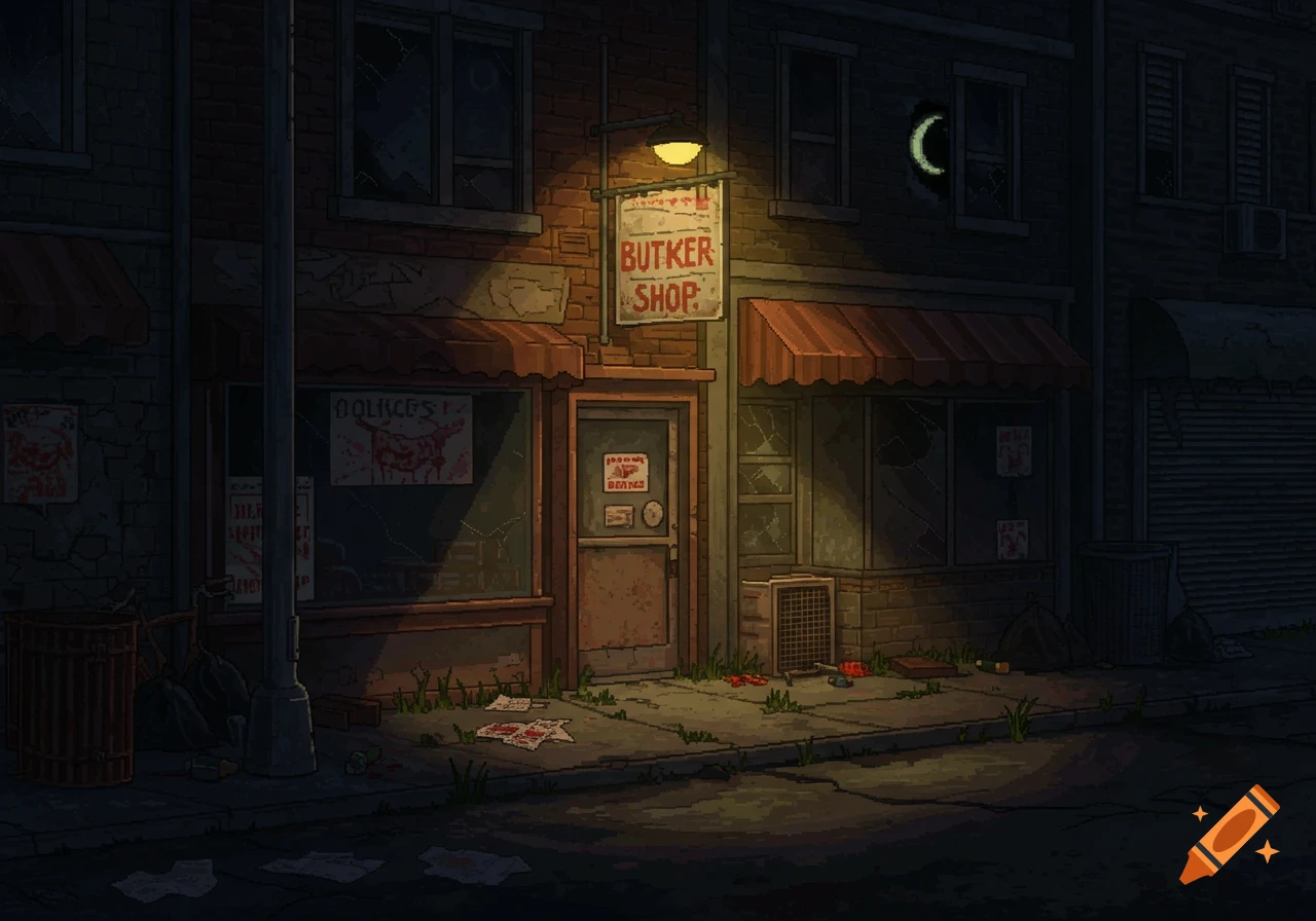 A gloomy pixel art scene of a rundown butcher shop at night with dim lighting, scattered trash, and cracked windows. The sign above the door reads "BUTKER SHOP".