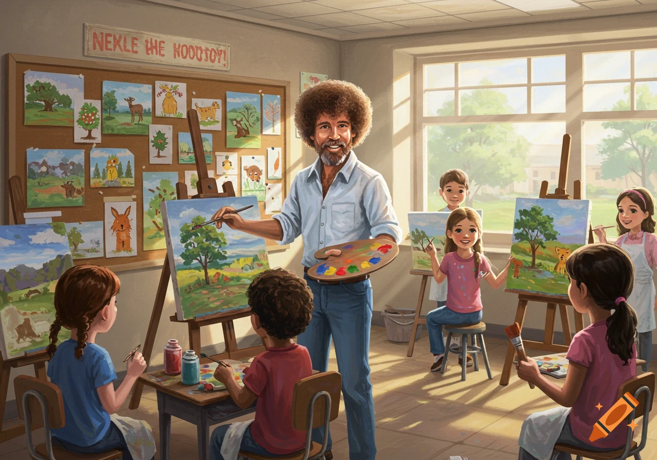 Bob Ross teaches a group of diverse children to paint landscapes in a bright art classroom filled with colorful student art.