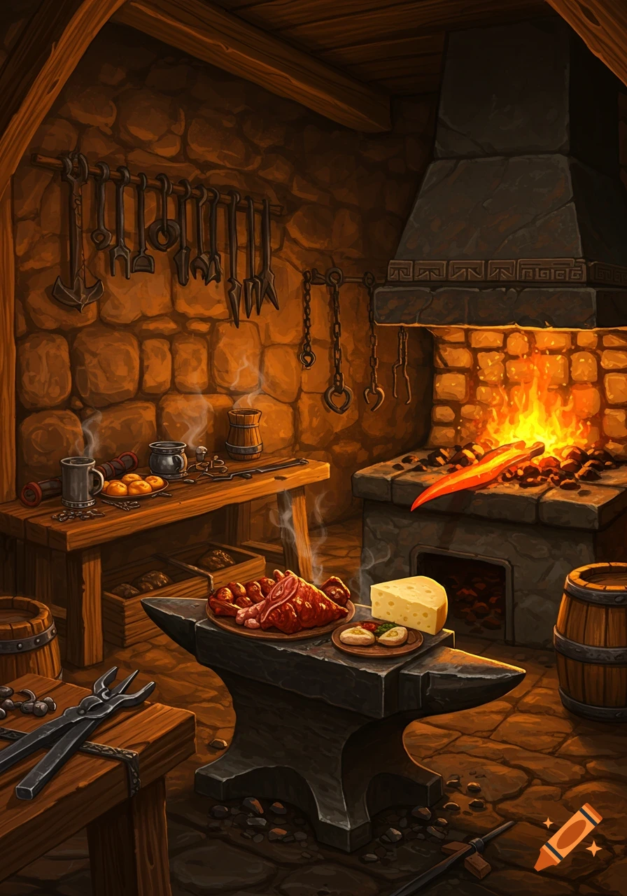 An idyllic, warm dwarven forge interior with stone walls, tools hanging, a glowing fire in the hearth, and a hearty meal on an anvil.