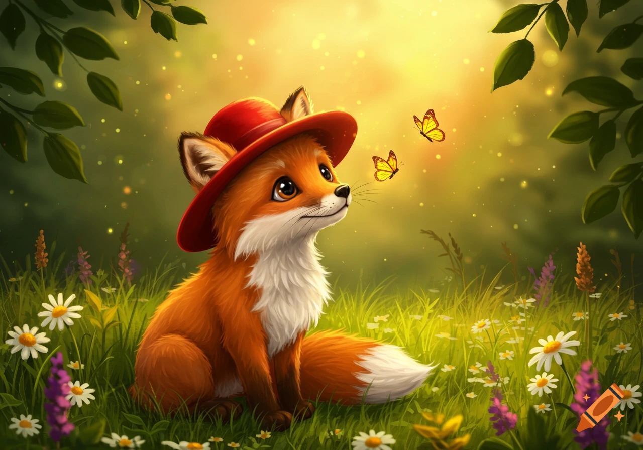 A cute cartoon fox in a red hat sits in a vibrant green field filled with daisies and lavender, looking up at two yellow butterflies fluttering under a warm glowing sky.
