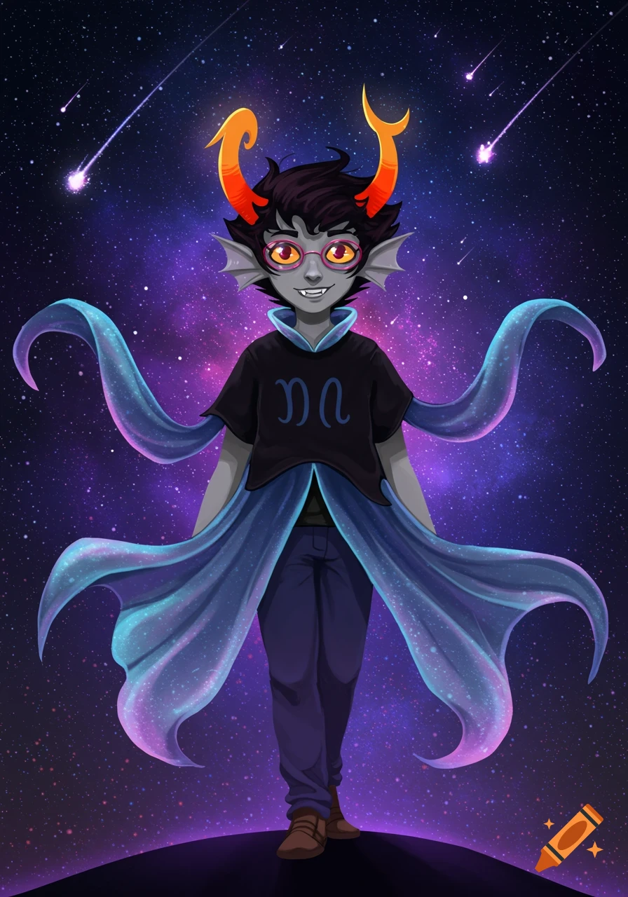 A grey-skinned, horned Homestuck-style character with pink glasses and a symbol on their shirt stands against a galaxy background.