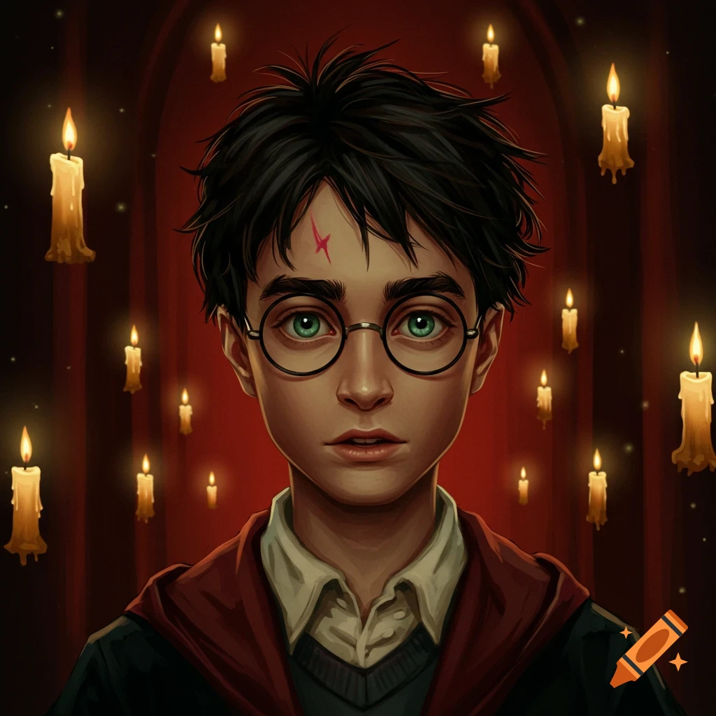 Illustrated portrait of young Harry Potter wearing round glasses, with a lightning scar on his nose, surrounded by floating candles.