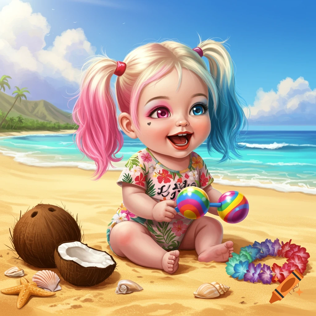 Cartoon baby with pink and blue pigtails, dressed in a floral romper, sits on a sandy beach, smiling and holding rainbow maracas.