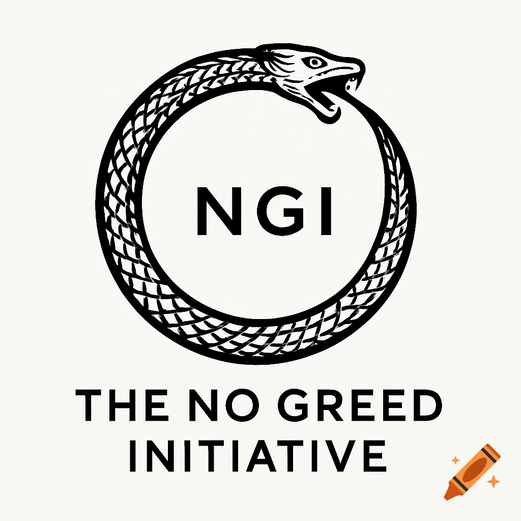 Black and white logo of an Ouroboros (snake eating its tail) encircling 'NGI', with 'THE NO GREED INITIATIVE' text below.